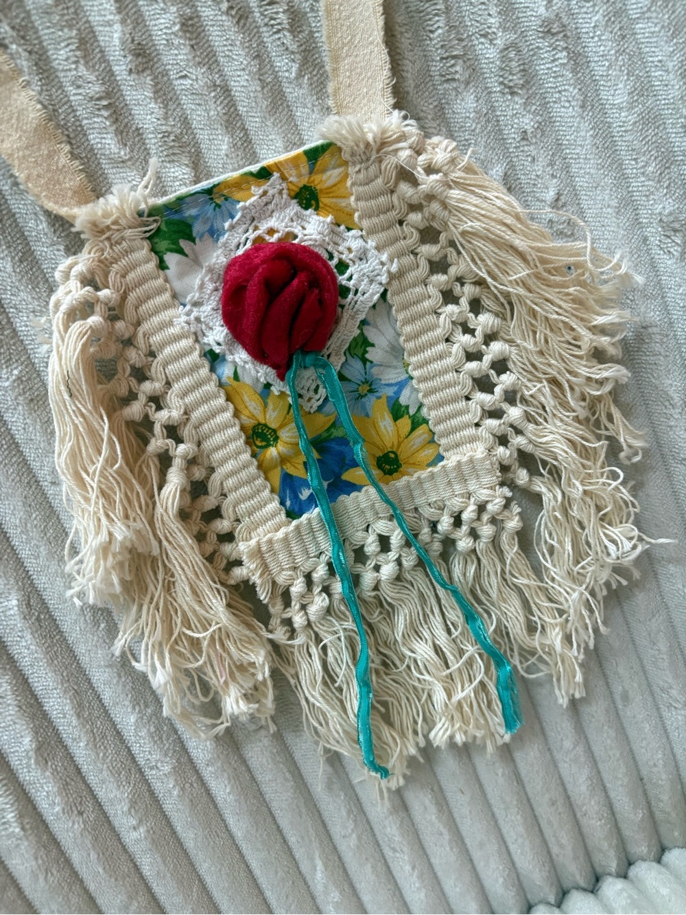 Boho Fringe Jabot Necklace with Floral Panel and Red Rose